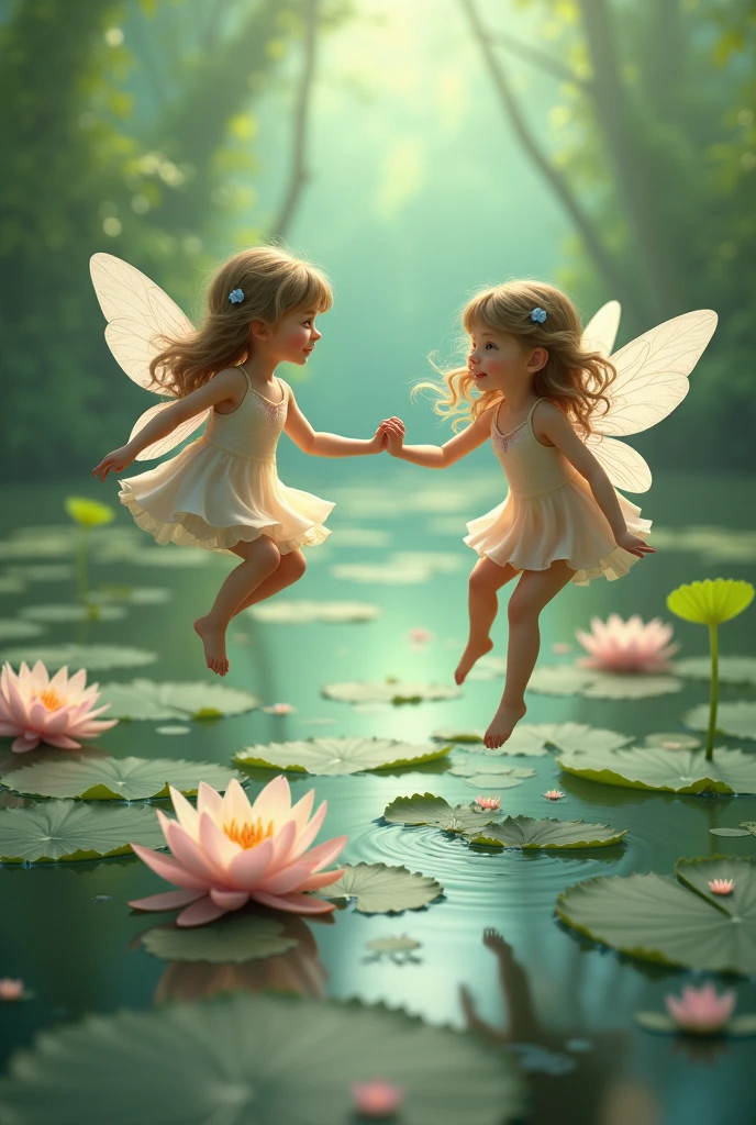 Two fairy sisters play water lily hopping