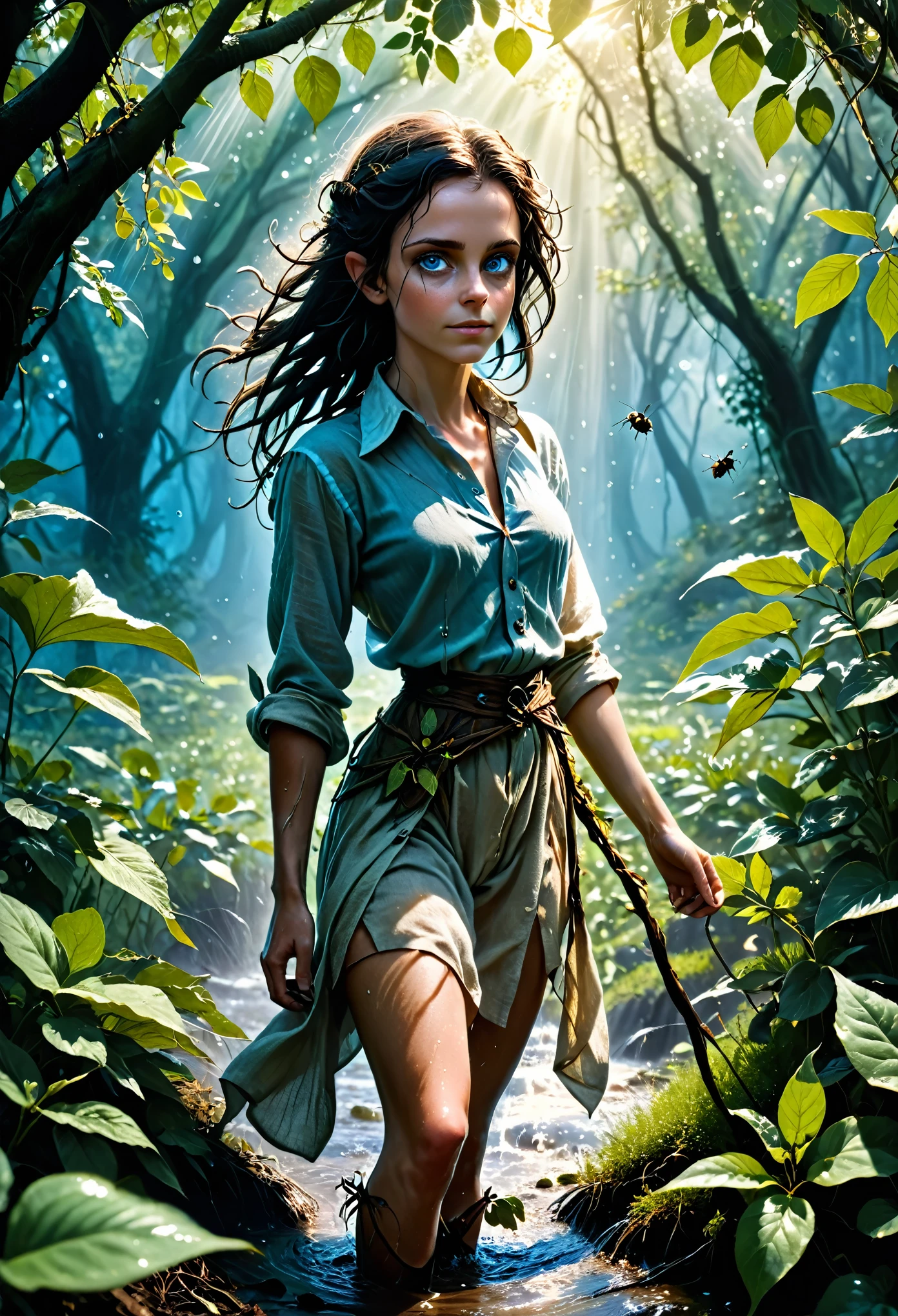 (Realystic:1.4), analog photo style, depths of field, (dark-haired Lightfoot Halfling with blue eyes, wearing a linen shirt), (small leaves and insects got tangled in wet hair), wide waist, (her full body is a visual pleasure), view from above, extremely sexy, dark fantasy atmosphere, deep shadows with the some sun rays, a delicate balance between reality and fantastic, faded colours, great quality, Masterpiece, blurred gloomy background, naturally cinematic light, 16k quality, kodak porta 400, bokeh.