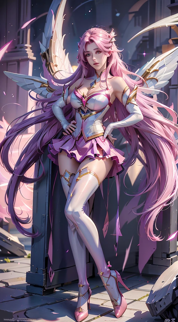 photorealistic, high resolution, 1women, mature female, solo, hips up,purple eyes, kaisasg, star guardian (league of legends), pink hair, gloves, long hair, thighhighs, skirt, elbow gloves, hand on hip, bare shoulders, solo, wings, white gloves, breasts, pink eyes, bangs, magical girl, hair ornament