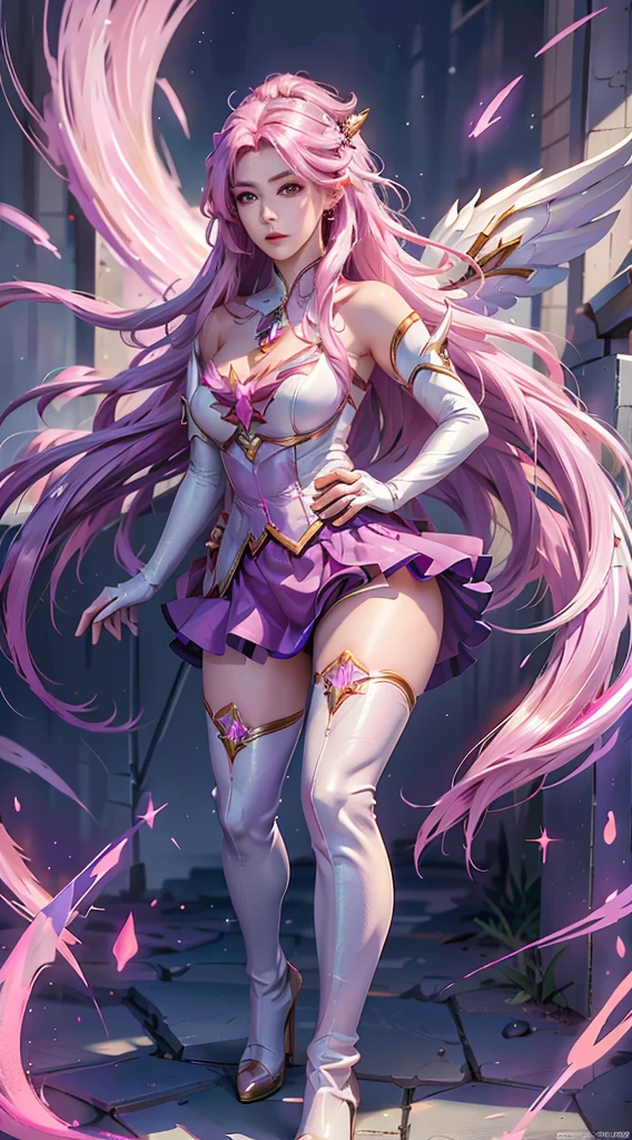 photorealistic, high resolution, 1women, mature female, solo, hips up,purple eyes, kaisasg, star guardian (league of legends), pink hair, gloves, long hair, thighhighs, skirt, elbow gloves, hand on hip, bare shoulders, solo, wings, white gloves, breasts, pink eyes, bangs, magical girl, hair ornament