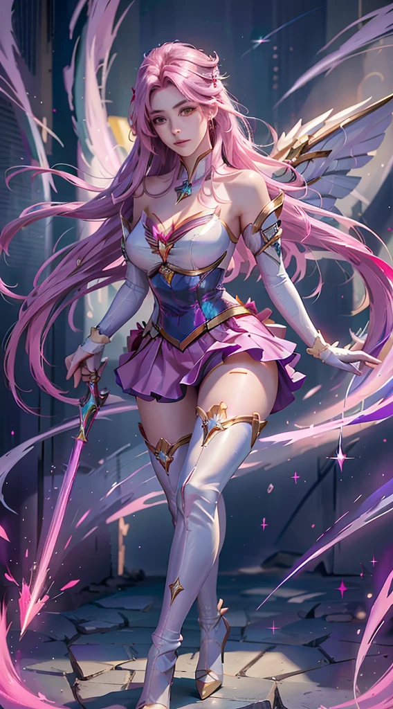 photorealistic, high resolution, 1women, mature female, solo, hips up,purple eyes, kaisasg, star guardian (league of legends), pink hair, gloves, long hair, thighhighs, skirt, elbow gloves, hand on hip, bare shoulders, solo, wings, white gloves, breasts, pink eyes, bangs, magical girl, hair ornament