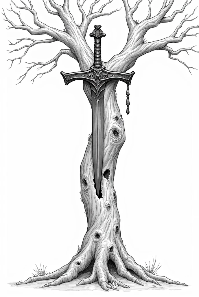 Create a lineart illustration Setting: Focus on the detail of Dhorion's athame embedded in the trunk of a tree. The dry, ash-colored leaves can be shown floating slowly around it, as if time has slowed down. The tree could be scarred from the fighting, with deep cuts and burns, creating a contrast between the brutality of the combat and the momentary stillness of the floating ash.