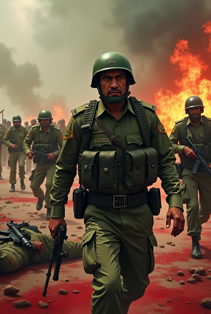 Pakistani police officers uniform colour olive green standard in bloody background with fire . terrorist Firing at officers some killed