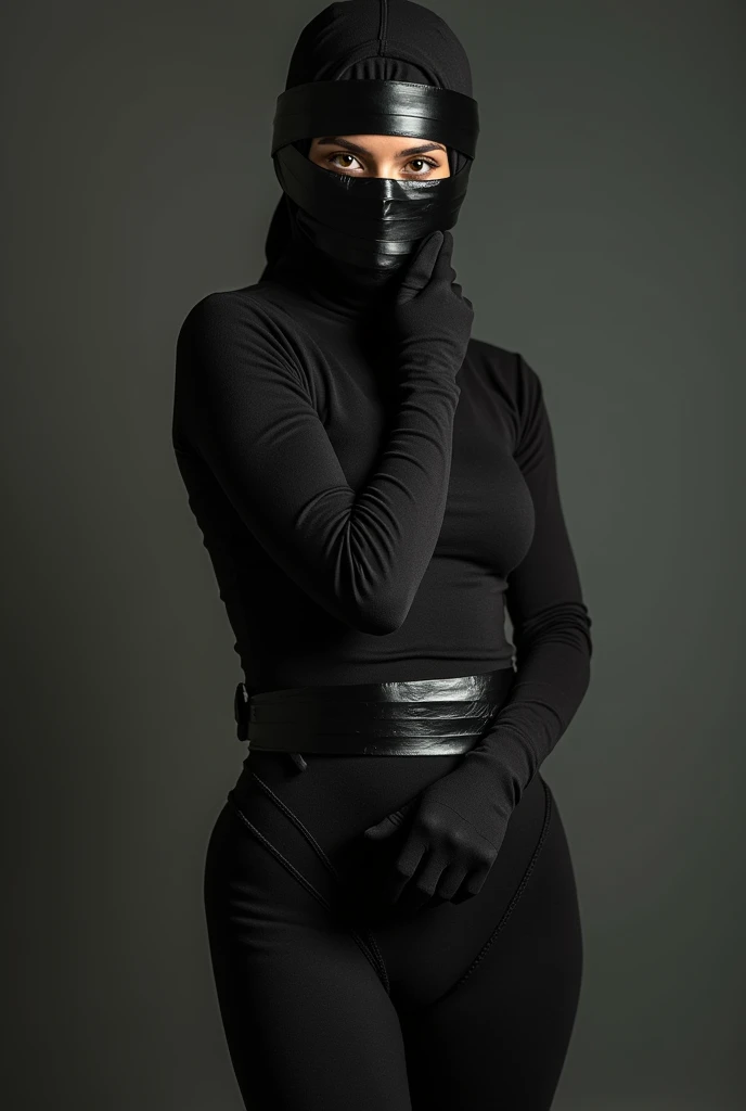 High quality, one woman, bound, bondage, tied up with duct tape, gagged, black balaclava, black clothes, clothes on full body, black bodysuit, sexy body, 8k, masterpiece
