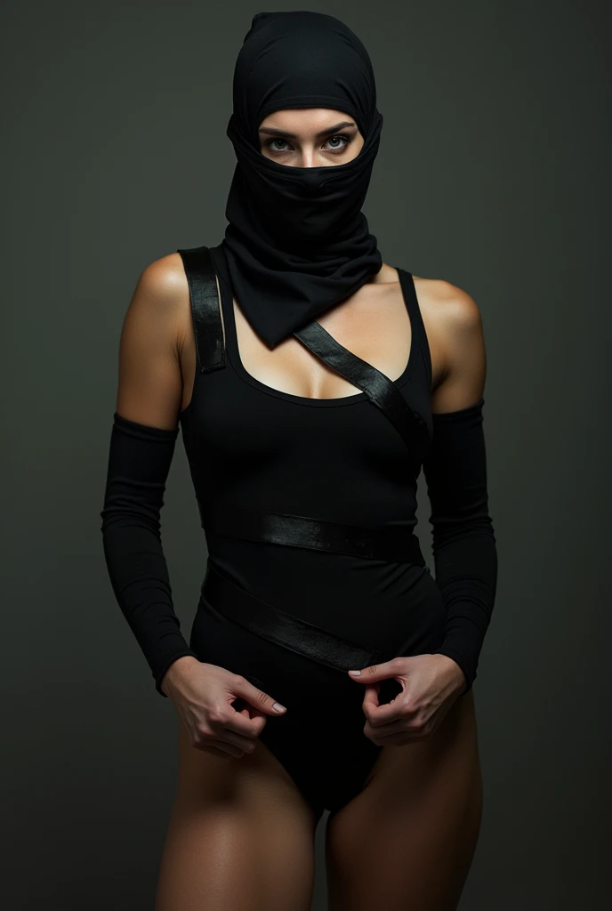 High quality, one woman, bound, bondage, tied up with duct tape, gagged, black balaclava, black clothes, clothes on full body, black bodysuit, sexy body, 8k, masterpiece