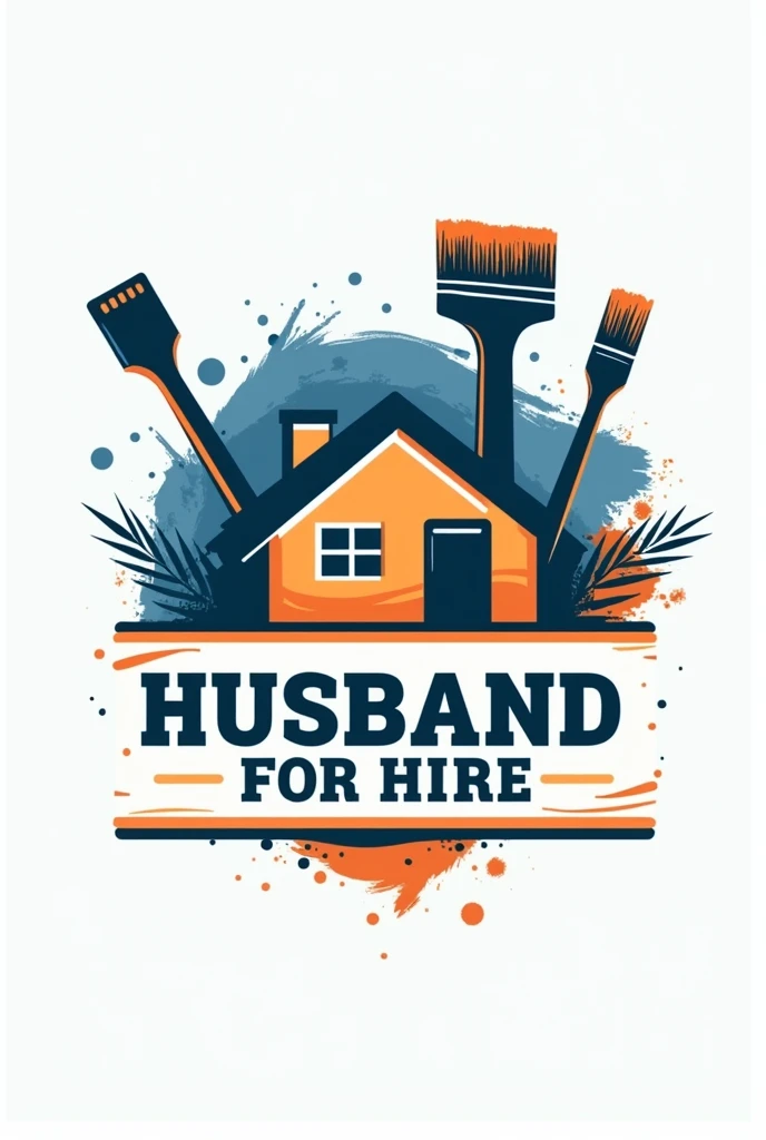 /Imagine a modern and professional logo for a painting and renovation company, including maintenance and repair services and the concept of 'husband for hire'. Add graphic elements like brushes, tools and a stylized house. Use a color palette that conveys confidence, like blue and orange. --v 5 --ar 1:1 --q 2