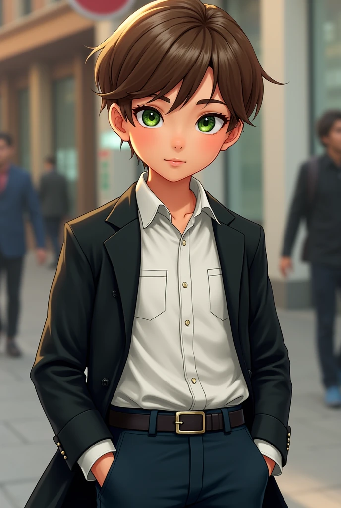 brown hair boy, greeneyes, COM CAMISA BRANCA, wearing a black coat and cool dark blue pants