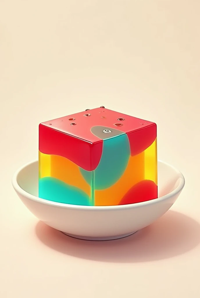 Make me a picture with a bowl of square gelatin that looks colorful and eye-catching that looks a bit like a cartoon