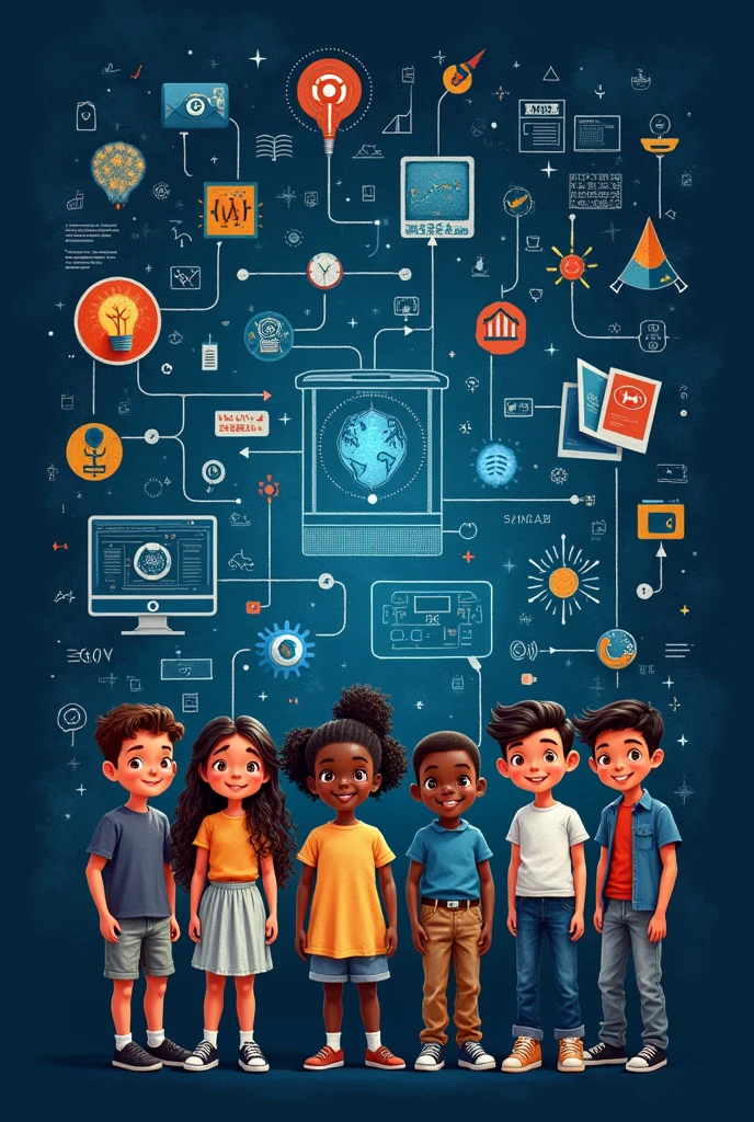 A dark blue shirt with a pedagogy theme, education and technology and with more children's details on the topic
