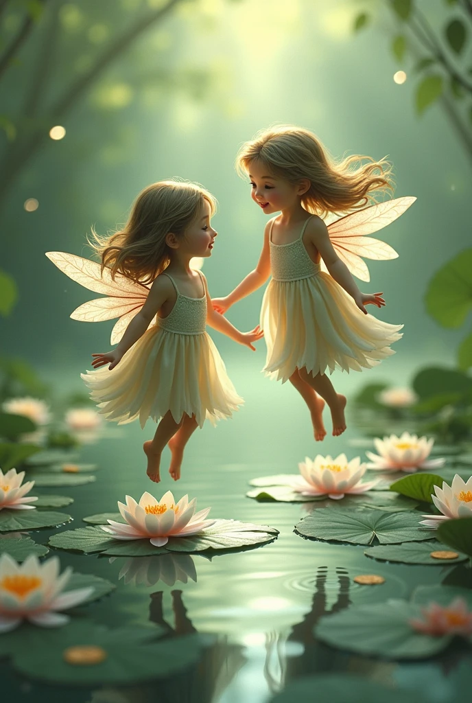 Two fairy sisters play water lily hopping