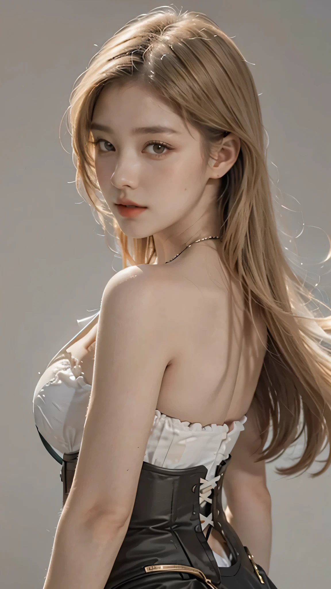 1girl, solo, looking at viewer, blonde long hair, wearing a corset, big ass, brown eyes, upper body, grey background, normal , lips, realistic, .