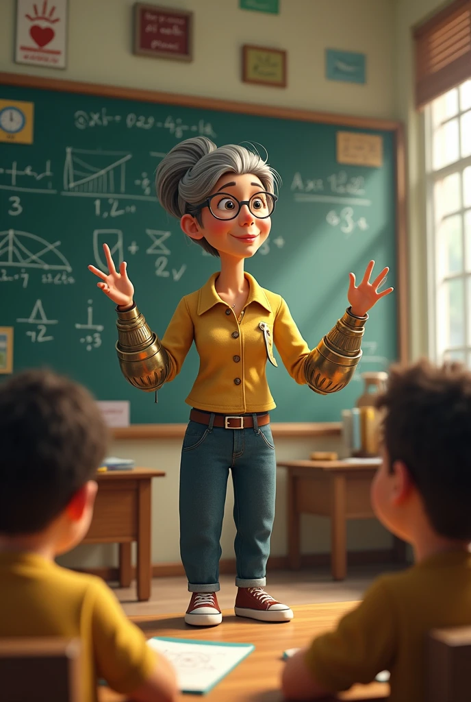 Miss Circle, a math teacher who has a compass instead of an arm