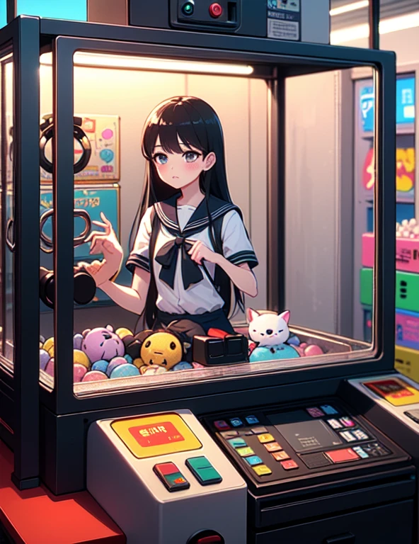 (((masterpiece))), (((Highest quality))), ((Claw Machine)), Place your hand on the bottom panel, Operate the long joystick、Press the button, Use the clamp to lift the toy, One person, Komi Shoko, shy, blush, school uniform, Claw Machine,  Rear View,