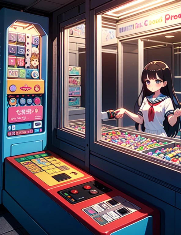 (((masterpiece))), (((Highest quality))), ((Claw Machine)), Place your hand on the bottom panel, Operate the long joystick、Press the button, Use the clamp to lift the toy, One person, Komi Shoko, shy, blush, school uniform, Claw Machine,  Rear View,
