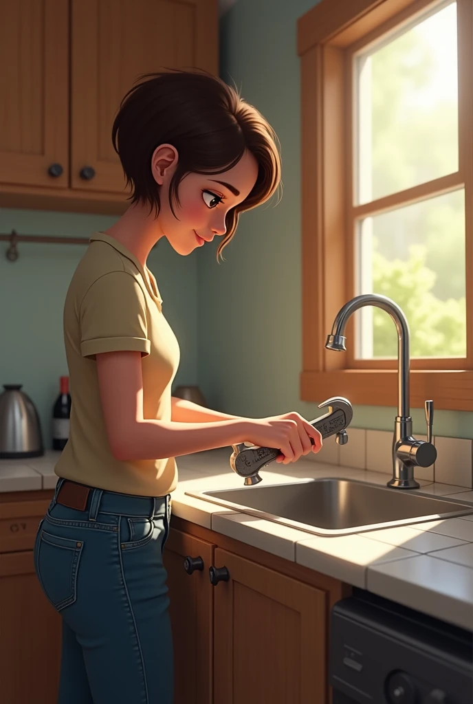 Image 6: Clara fixing the tap with a small wrench.