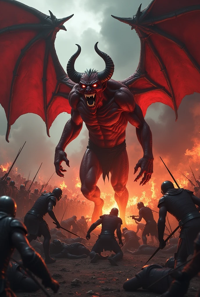 A red devil from hell with wings and horns like Satan, is slaughtering soldiers with an extremely angry expression.