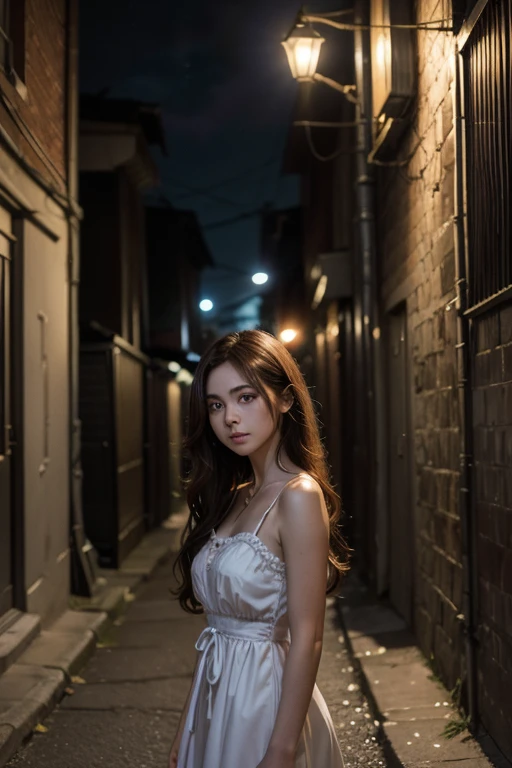 a beautiful 25-year-old girl named Alice is catrina in a hyper-realistic style alley at night, the wind moves her hair