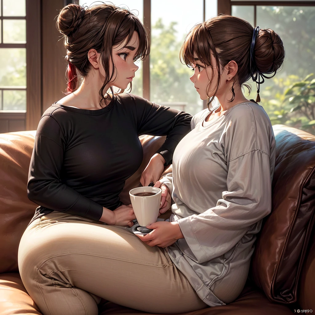 ((A 55-year-old woman is alone on the sofa with wavy light brown hair tied in a bun, her body is chubby and she has slightly thick eyebrows with a slightly chubby nose tip, her skin tone is dark and she wears a casual outfit consisting of a white long-sleeved shirt and black pants. She is sitting on the sofa while holding a cup of coffee.)) (((Side view photo.))) ((The background environment is a Japanese living room and daytime lighting.)) ((((highly detailed skin)))) (((8k, sharp focus)))