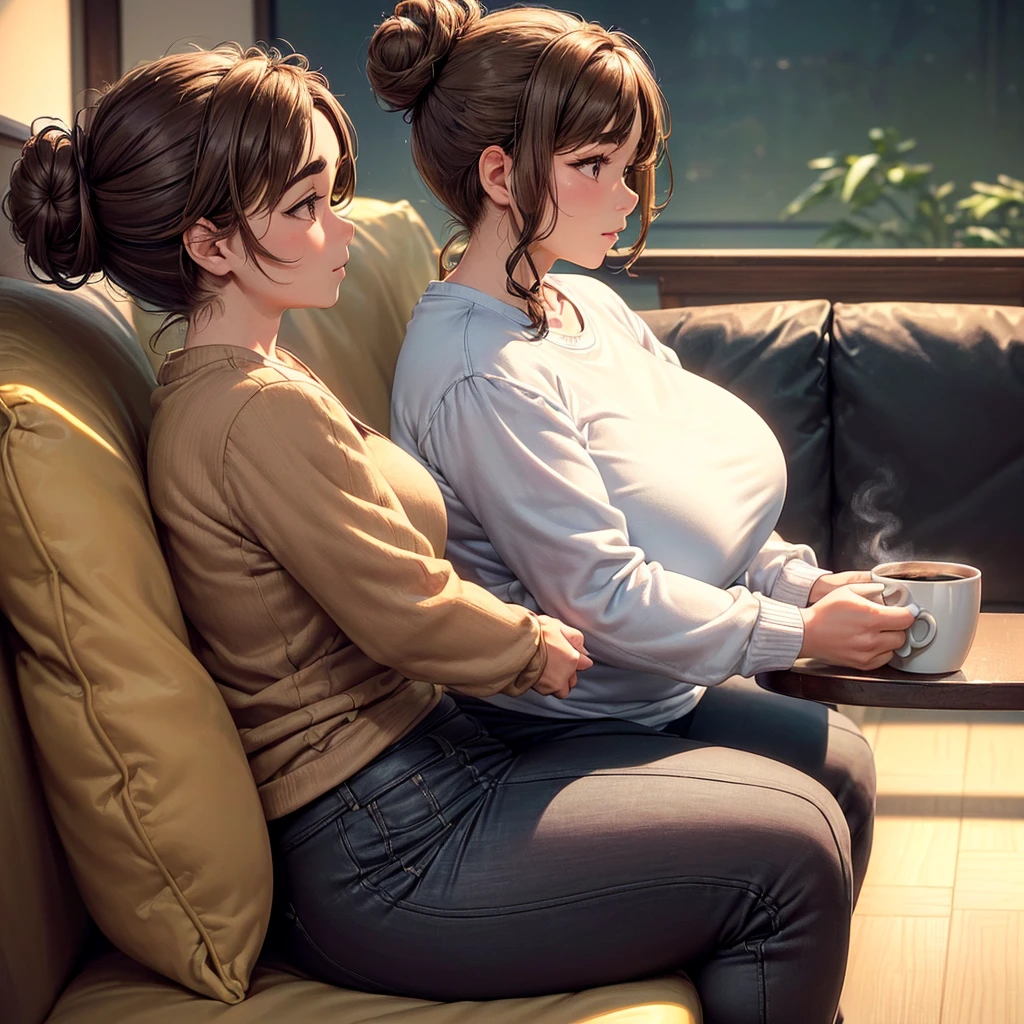 ((A 55-year-old woman is alone on the sofa with wavy light brown hair tied in a bun, her body is chubby and she has slightly thick eyebrows with a slightly chubby nose tip, her skin tone is dark and she wears a casual outfit consisting of a white long-sleeved shirt and black pants. She is sitting on the sofa while holding a cup of coffee.)) (((Side view photo.))) ((The background environment is a Japanese living room and daytime lighting.)) ((((highly detailed skin)))) (((8k, sharp focus)))