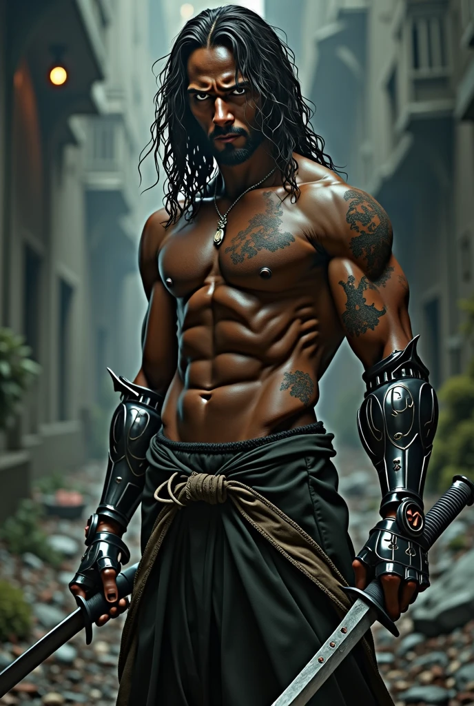 tall young black man, long hair, shirtless and scarred, using a katana with a robotic arm 