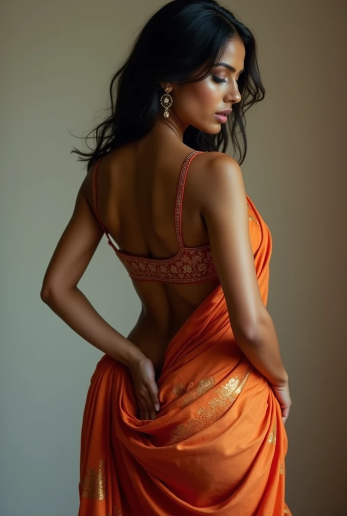 Hot indian female showing her butt from back side her skin is white colour wearing   saree and touching her butt cheeks
