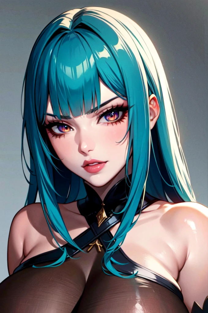 full body, pov (masterpiece), best quality, highly detailed faces, (SHARP details), 4k, highly detailed, expressive eyes, SHARP detail expressive eyes, (SHARP detail perfect face), teal blue hair, (shiny lipstick) (orange eyes), long hair, detailed face, medium breasts, long eyelashes, mature, (smirk, closed lips, big plump lips, eyeshadow) shiny skin, beautiful eyes,(detailed eyes, sharp eyes, clear pupils:0.8), wispy bangs, naughty look, mature