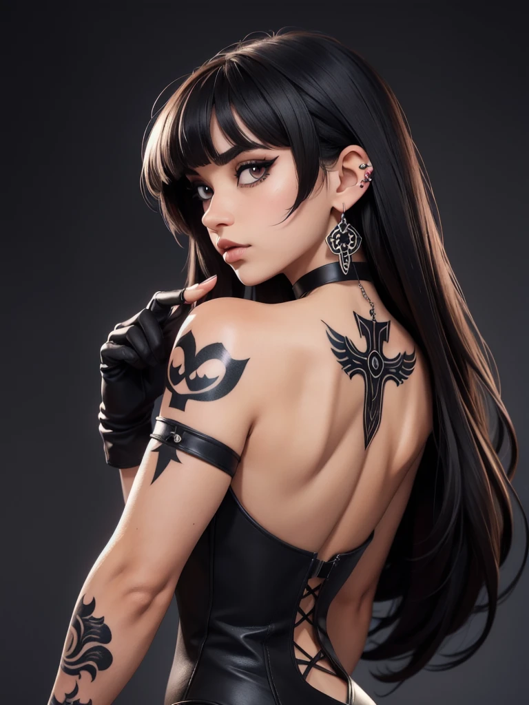 anime art, 1girl, solo, long hair, looking at viewer, bangs, black hair, gloves, bare shoulders, brown eyes, jewelry, upper body, earrings, choker, black gloves, elbow gloves, artist name, signature, blunt bangs, from side, lips, blood, tattoo, makeup, piercing, cross, black background, ear piercing, realistic, nose, arm tattoo, cross earrings, gothic, neck tattoo, back tattoo