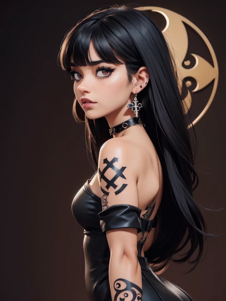 anime art, 1girl, solo, long hair, looking at viewer, bangs, black hair, gloves, bare shoulders, brown eyes, jewelry, upper body, earrings, choker, black gloves, elbow gloves, artist name, signature, blunt bangs, from side, lips, blood, tattoo, makeup, piercing, cross, black background, ear piercing, realistic, nose, arm tattoo, cross earrings, gothic, neck tattoo, back tattoo