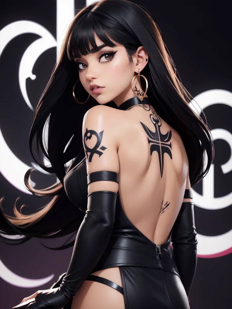 anime art, 1girl, solo, long hair, looking at viewer, bangs, black hair, gloves, bare shoulders, brown eyes, jewelry, upper body, earrings, choker, black gloves, elbow gloves, artist name, signature, blunt bangs, from side, lips, blood, tattoo, makeup, piercing, cross, black background, ear piercing, realistic, nose, arm tattoo, cross earrings, gothic, neck tattoo, back tattoo