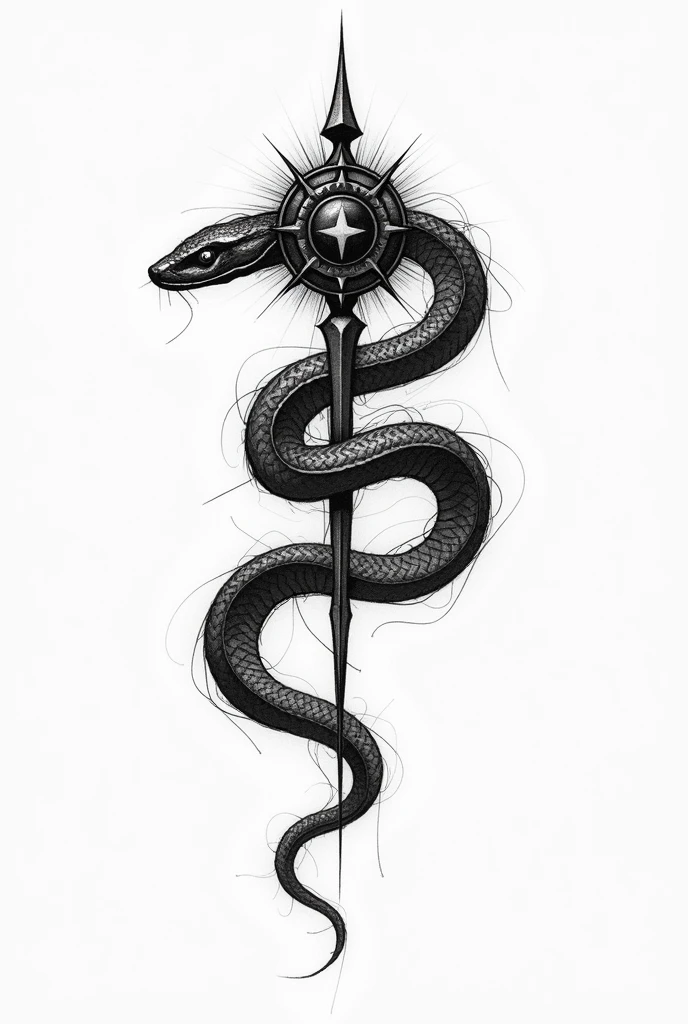 A snake tattoo, behind the Snake is the symbol of Chaos,the snake mostly coils around a big symbol of chaos, in two-dimensional and sketchy style,