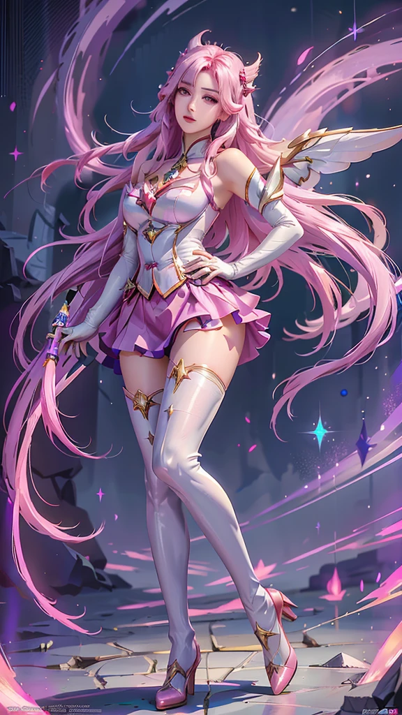 photorealistic, high resolution, 1women, mature female, solo, hips up,purple eyes, kaisasg, star guardian (league of legends), pink hair, gloves, long hair, thighhighs, skirt, elbow gloves, hand on hip, bare shoulders, solo, wings, white gloves, breasts, pink eyes, bangs, magical girl, hair ornament