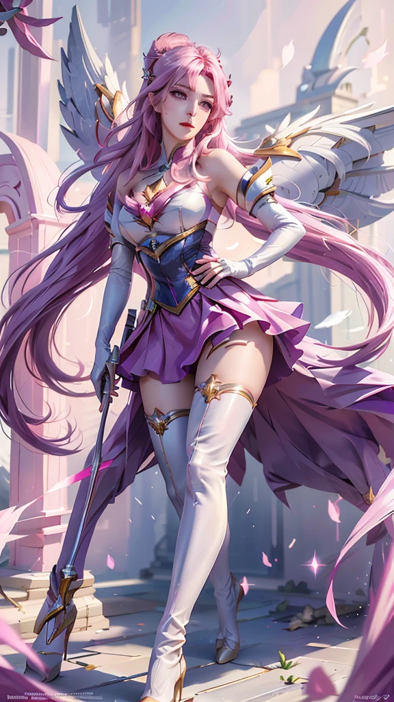 photorealistic, high resolution, 1women, mature female, solo, hips up,purple eyes, kaisasg, star guardian (league of legends), pink hair, gloves, long hair, thighhighs, skirt, elbow gloves, hand on hip, bare shoulders, solo, wings, white gloves, breasts, pink eyes, bangs, magical girl, hair ornament