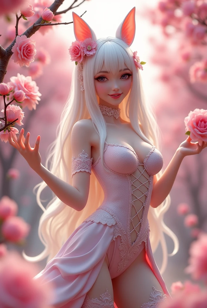 Draw a beautiful sexy albino white sakura , playing in pink rose garden, wearing a tunic, sexy, perfect tits, perfect face, wearing beautiful princess like outfit, background is full of pink trees, realestic