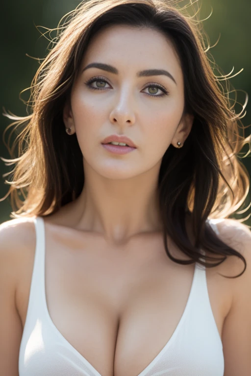 Surreal portrait of Monica Bellucci, photorealistic, highly detailed face, 8k, 1 ultra hot sexy girl, Upper body, cleavage, detailed skin texture, (view audience), (straight hair), black hair, full waist up pose , upper knees pose ,detail skin texture , realistic:2.2 ,damp , cleavage