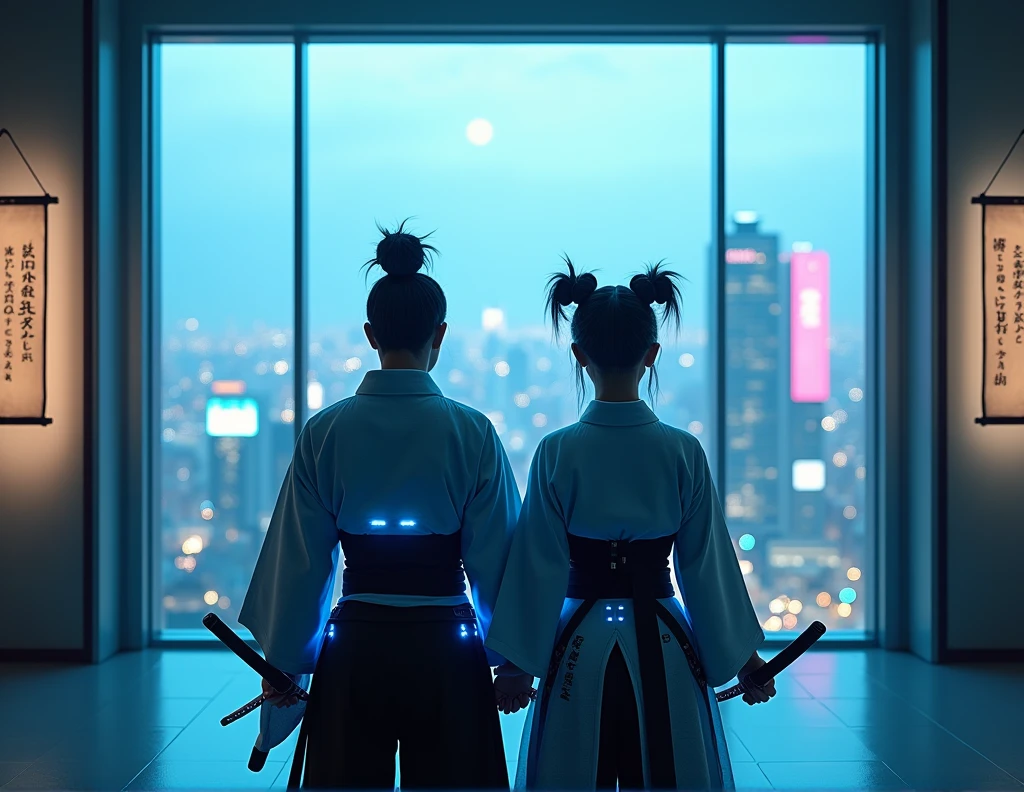 [Subject: Luxury Futuristic Outfit Photography - Couple] A photorealistic, cinematic image of a couple wearing modernized kimonos with neon blue accents, paired with sleek, black armored pants. Each outfit is completed with a belt holding a futuristic katana, and LED-lit arm guards that glow subtly. Their hair is styled in high-tech topknots, with embedded LED strands that emit a soft light, adding a futuristic touch. The scene is set inside a high-tech dojo, where digital scrolls float mid-air, displaying ancient texts in holographic form, and training drones hover silently, ready for action. The room is softly illuminated by blue neon lights, casting a tranquil yet futuristic ambiance. A large window reveals a sprawling city skyline with glowing neon billboards in the distance, contributing to the cinematic atmosphere. [Lighting: Soft blue neon with ambient glow] [Camera: Full-body shot with a wide-angle view of the dojo and the cityscape beyond] [Resolution: 8k, ultra-realistic] [Style: Luxury cyberpunk, futuristic samurai, Instagram aesthetic] [Inspiration: Blade Runner 2049, Ghost in the Shell, Samurai Futurism].
