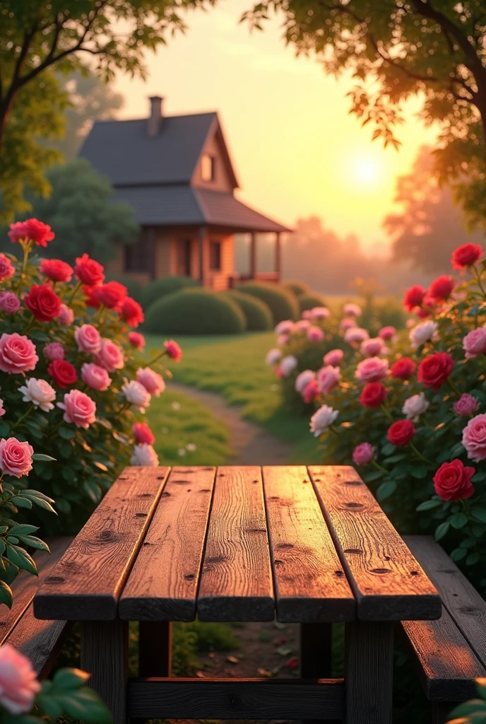 table,bench,sunset,Rose Garden,wooden house
