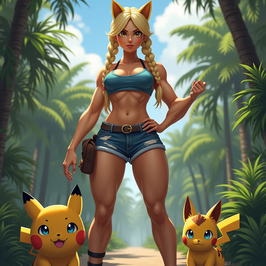Extremely muscular woman bodybuilder strong like a hero martial artist body great physical attributes tanned brown skin she has light sun marks from her bra and thong panties in Vê, She is blonde with long hair and has two long braids and cat ears, cat eyes with two different colors, the left one is pool blue and the right one is yellow, both eyes have cat pupils, wearing a Nikke women's sports top, a pair of denim shorts and flip-flops. Pokémon by your side. Background scenery Belo Horizonte Brazil