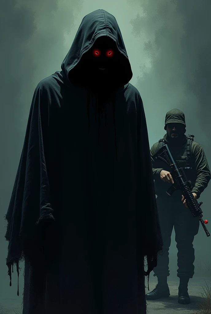 Create a lineart illustration Scene: Illustrate the Hooded Man with his face still shrouded in shadow as he utters the phrase "Your worst nightmare." The figure could be shown with a menacing aura, perhaps with details such as eyes glowing beneath the hood or a slight distortion to the figure to suggest that he is not entirely human. Marine, in the background, could be shown watching in horror.