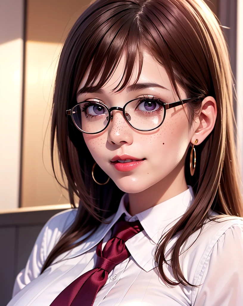 1 girl, 2, japanese, 4K, masterpiece, realistic, shiny skin, texturized skin, long whavy brown hair with bangs, purple eyes, purple eyeliners, shining red lips, freckles, very large breasts, golden necklase, golden earings, big round glasses, unbottoned white school uniform, boob tent, smile, closed mouth, blushing, bright colors, blurry background, close up, face focus.