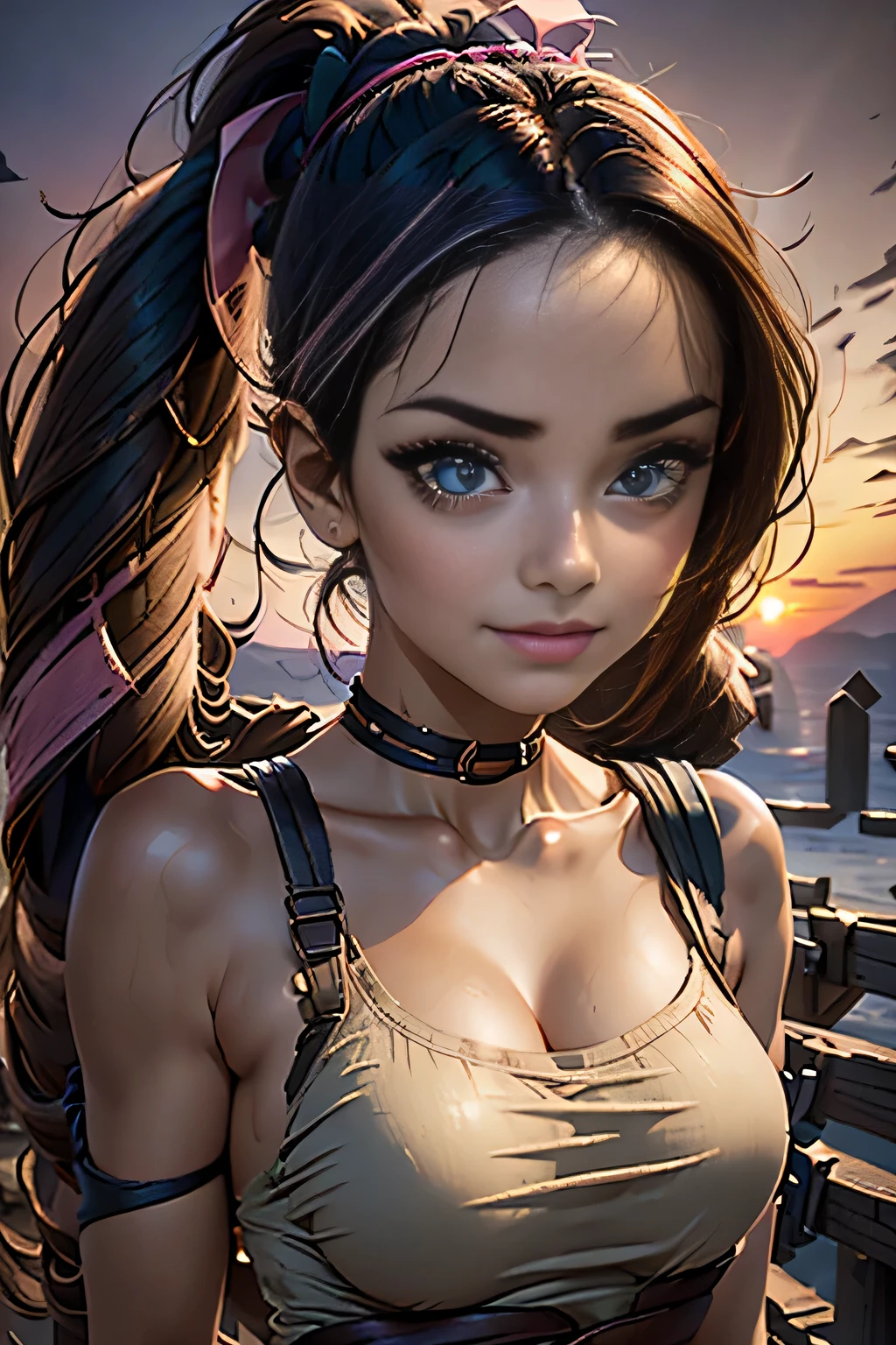 happy smile without wooden boxes, (Tank cap:1.2), (Pink top with straps on the neck:1.4), 1 girl, fully dressed, Looking at the viewer, (Extreme close-up, ECU, full face shot:1.3), (detailed face:1.4), (candid photograph:1.2), colorful, content, relaxed, soft smile, (shoulder length hair:1.3), (foundation, Corrective, mascara, rosy cheeks, smoky eye makeup, pomade:1.3), nail polish, (Beautiful, fabulous, flawless complexion:1.2), hairpins, hair bands, ribbons, lip gloss, bright lips, freckles, antique rose, Rustic Brown, warm beige, Dusty blue, faded olive, standing, (sunset, twilight:1.25), fcDetailPortrait, Professional photography, HDR (high dynamic range), subsurface scattering, realistic, heavy shadow, main part, ультра realistic, a high resolution, Aurea proportion, Rule of thirds, difficult, high detail, Cinematographic Film Photography, SLR camera, (hair pulled back into a ponytail:1.3), (Blue eyes:0.8), dark hair