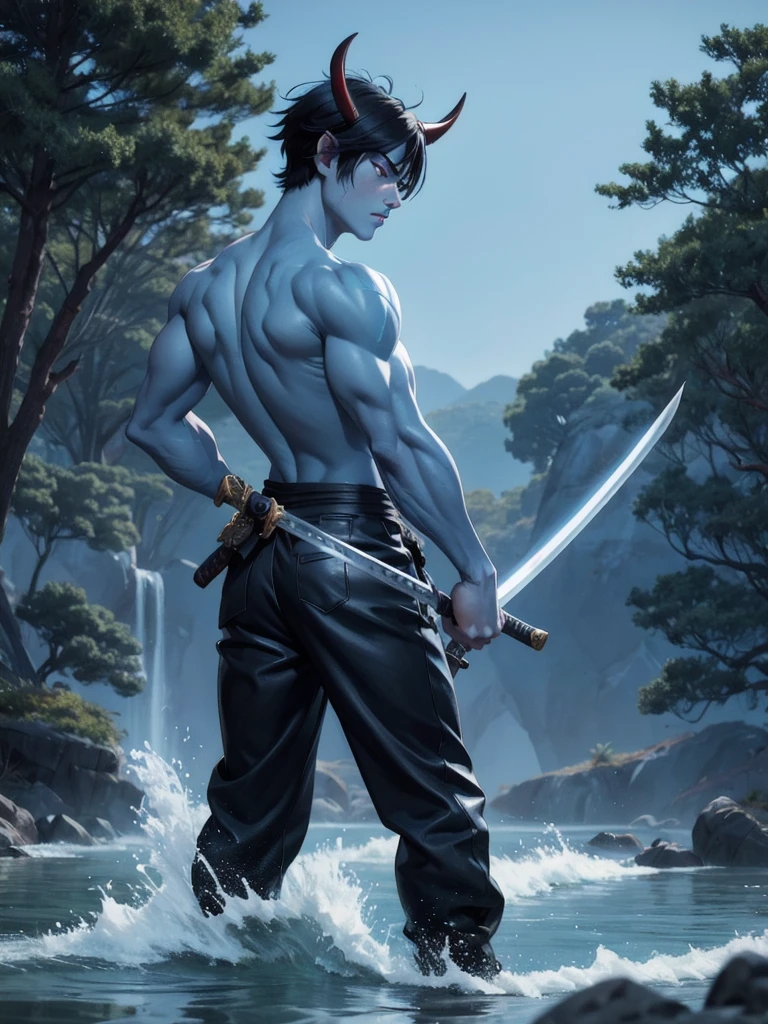 anime art, black hair, 1boy, holding, weapon, male focus, japanese clothes, multiple boys, horns, sword, 2boys, water, holding weapon, muscular, colored skin, holding sword, katana, dual wielding, topless male, blue skin, samurai