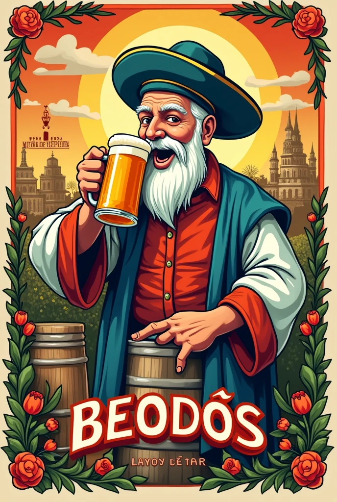 (beer label)(sperm blanco drinking a mug of beer)(text BEODOS)(patron saint festivities) (keg of beer) (Virgin of Wonders) Cehegín Murcia gardener's costume