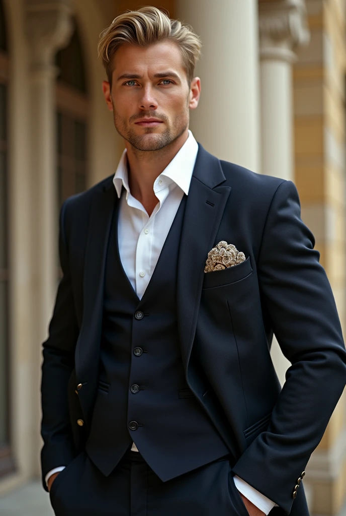Belle homme en costume type italien jeune muscle blond au yeux bleu