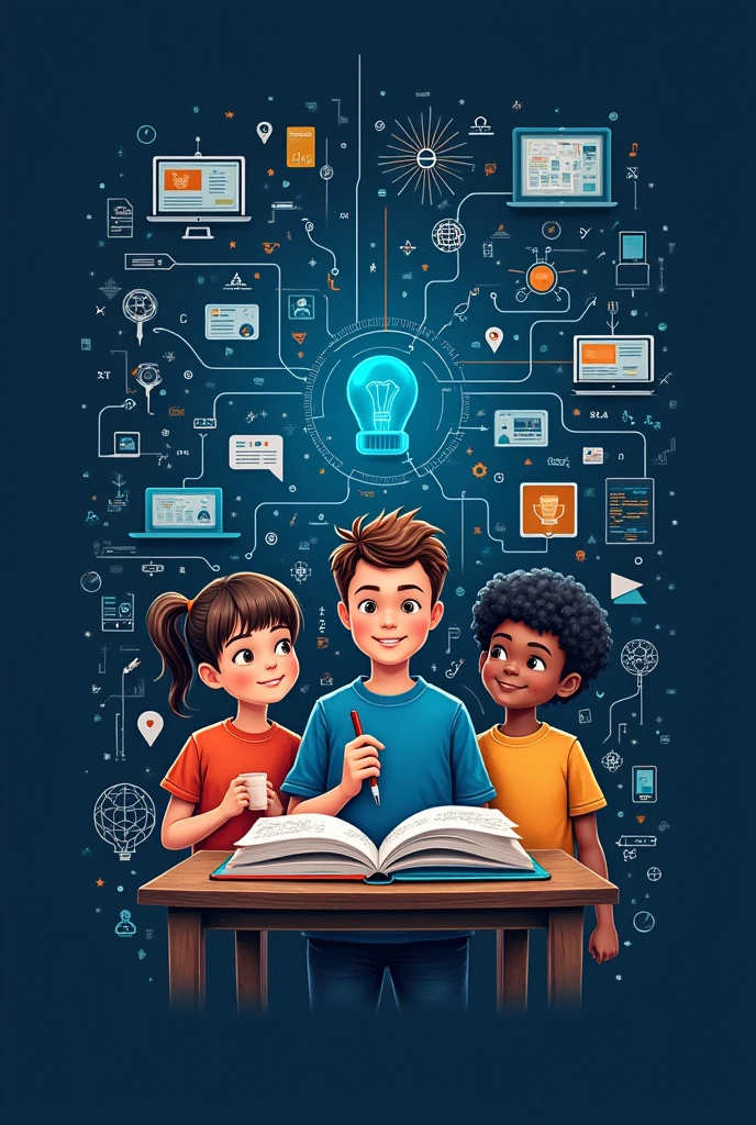 A dark blue shirt with a pedagogy theme, education and technology and with more children's details on the topic