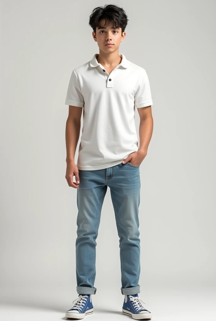 A 15 years old boy with curly hair and navy blue polo t shirt and white color trouser and a old watch and black color loafers