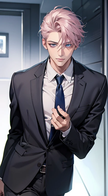 (Highest quality,4K,8K,High resolution,masterpiece:1.2),Super detailed,(Realistic,photoRealistic,photo-Realistic:1.37),1 personld,Mature Men,Beautiful skin、very handsome,Expressionless,smile,Short gray pink hair,blue eyes,Sharp Eyes,A perfect face without a doubt,Businessman,Office Background,Cinema Lighting,HDR image,tie、