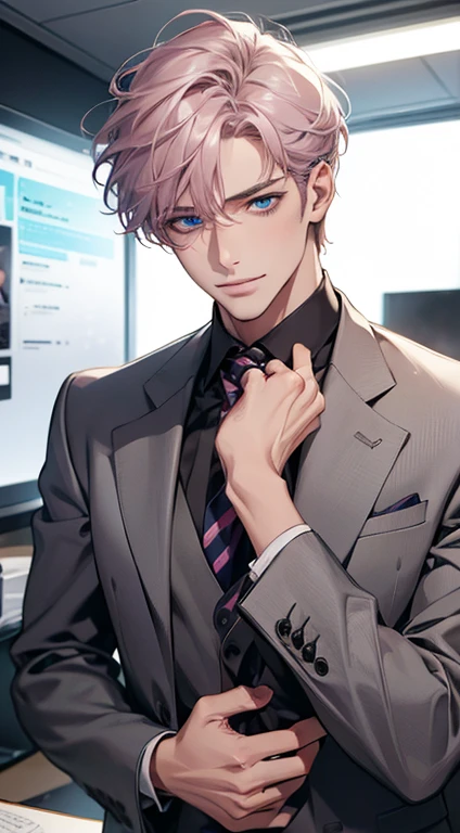 (Highest quality,4K,8K,High resolution,masterpiece:1.2),Super detailed,(Realistic,photoRealistic,photo-Realistic:1.37),1 personld,Mature Men,Beautiful skin、very handsome,Expressionless,smile,Short gray pink hair,blue eyes,Sharp Eyes,A perfect face without a doubt,Businessman,Office Background,Cinema Lighting,HDR image,tie、