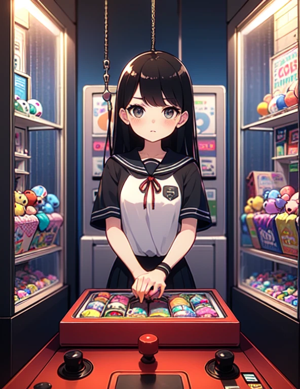 (((masterpiece))), (((Highest quality))), ((Claw Machine)), Place your hand on the bottom panel, Operate the long joystick、Press the button, Use the clamp to lift the toy, One person, Komi Shoko, shy, blush, school uniform, Claw Machine,  Rear View,