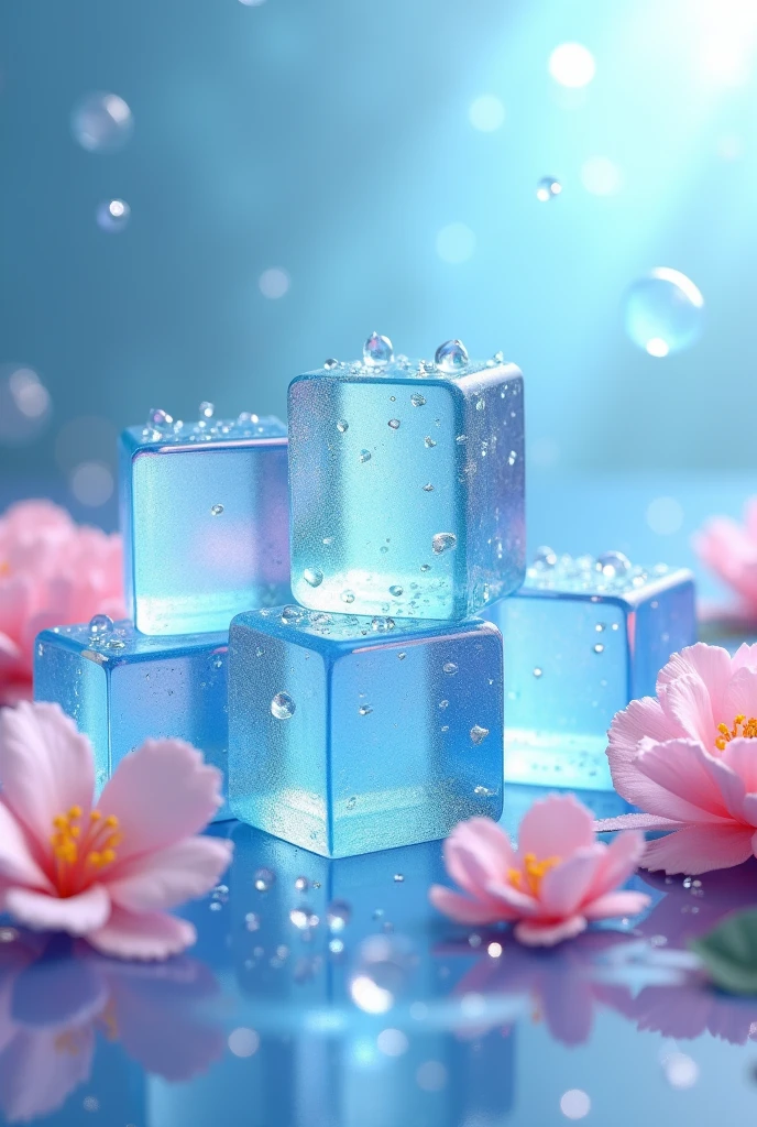Blue ice cubes with droplets and pastel pink flowers abd more droplets. Bsvlground should have azure blue bubbles and sparkles 