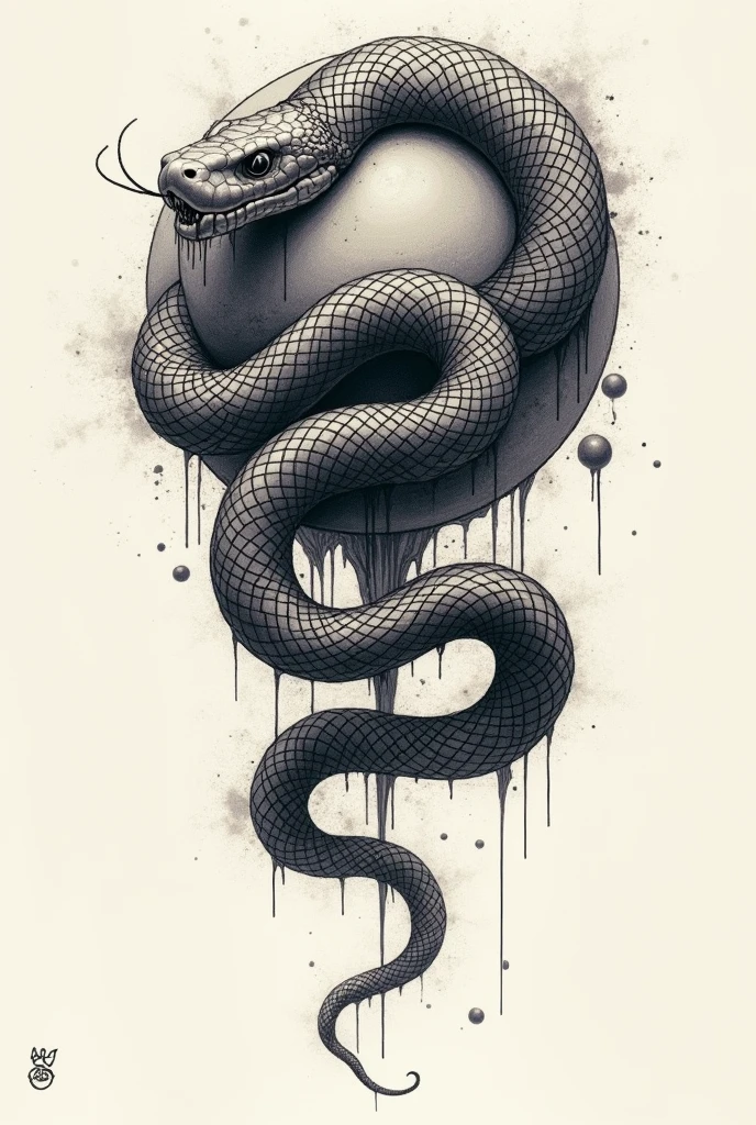 A snake tattoo, behind the Snake is the symbol of Chaos,the snake mostly coils around a big symbol of chaos, in two-dimensional and sketchy style, the symbol is behind the Snake 